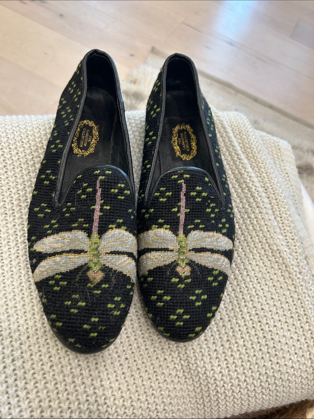 Black Needlepoint Dragonfly Slip-On Loafers